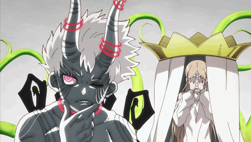 A Drawing Of A Demon With Horns And A Woman Covering Her Face GIF