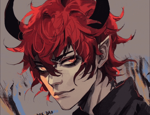 A Drawing Of A Demon With Red Hair And Horns Is Titled Ask Dao GIF
