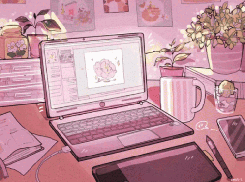 A Drawing Of A Desk With A Laptop And A Tablet GIF