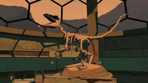 A Drawing Of A Dinosaur Skeleton In Front Of A Sign That Says Evidence GIF
