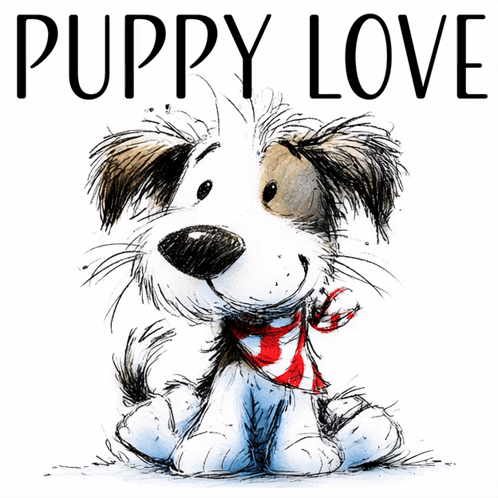 A Drawing Of A Dog With A Scarf Around Its Neck And The Words Puppy Love Below It GIF