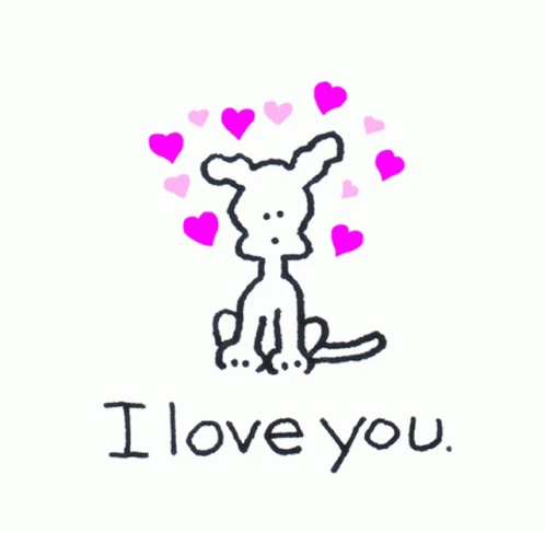 A Drawing Of A Dog With Pink Hearts And The Words " I Love You " GIF