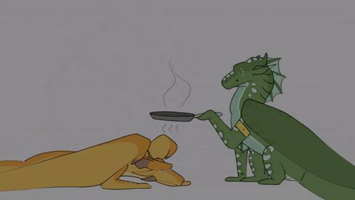 A Drawing Of A Dragon Holding A Pan Next To Another Dragon GIF