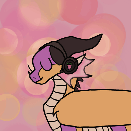 A Drawing Of A Dragon With Headphones And A Strawberry On Its Head GIF
