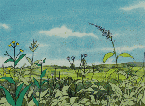 A Drawing Of A Field Of Flowers With A Blue Sky GIF