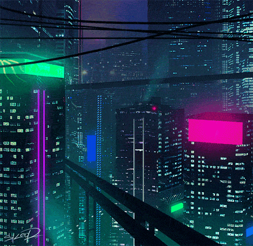 A Drawing Of A Futuristic City At Night With A Sign That Says " ダイヤラ " GIF