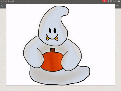 A Drawing Of A Ghost Holding An Orange Pumpkin Next To A Picture Of A Stuffed Ghost Holding An Orange Pumpkin GIF