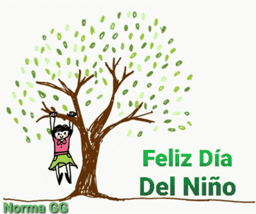 A Drawing Of A Girl Hanging From A Tree With The Words Feliz Dia Del Niño Below Her GIF