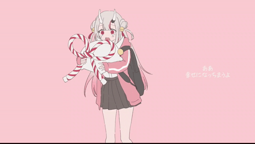 A Drawing Of A Girl Holding A Candy Cane With Chinese Writing GIF