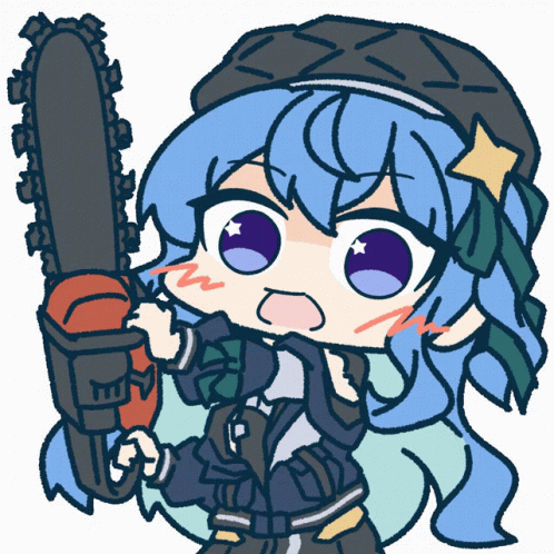 A Drawing Of A Girl Holding A Chainsaw With The Letter M On It GIF