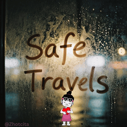 A Drawing Of A Girl Holding A Heart With The Words Safe Travels Written On A Window GIF