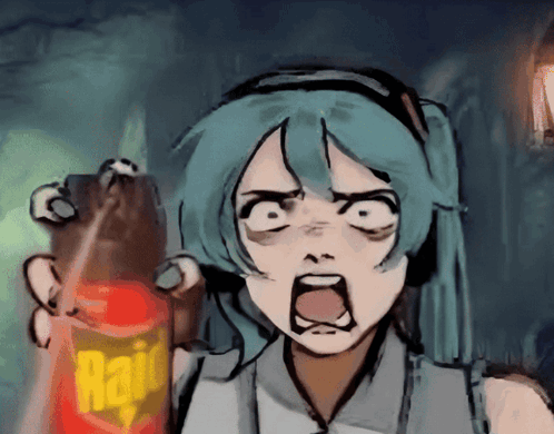 A Drawing Of A Girl Holding A Raid Bottle GIF