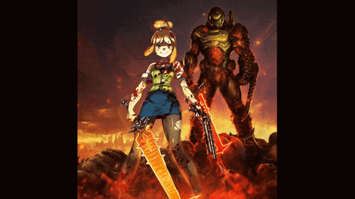 A Drawing Of A Girl Holding A Sword Next To A Demon GIF