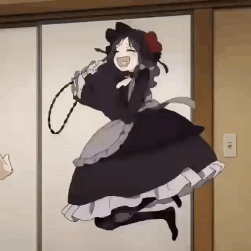 A Drawing Of A Girl In A Black Dress With A Red Flower On Her Head GIF