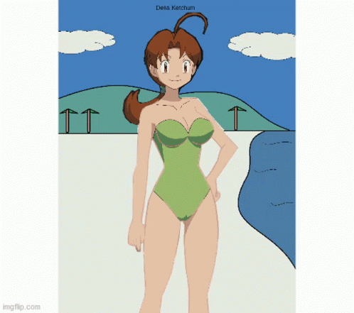 A Drawing Of A Girl In A Green Swimsuit With The Name Delta Ketchum On The Bottom GIF