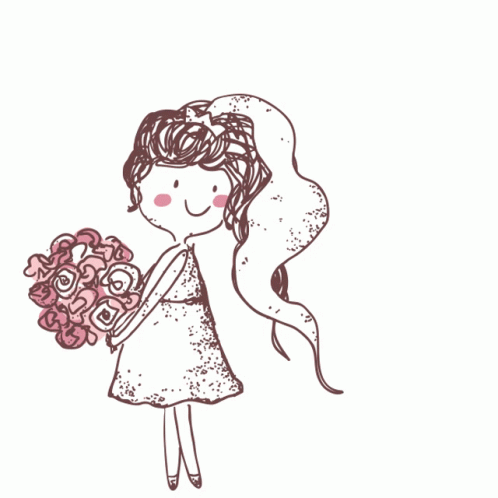 A Drawing Of A Girl In A White Dress Holding A Bouquet Of Flowers GIF