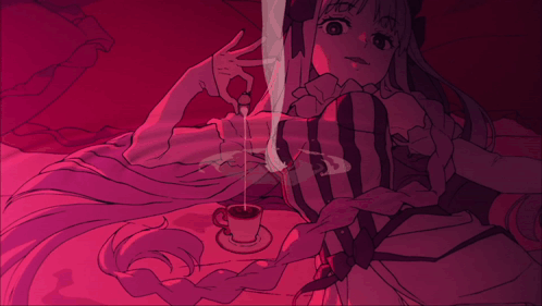 A Drawing Of A Girl Laying On A Bed With A Cup Of Coffee In Front Of Her GIF