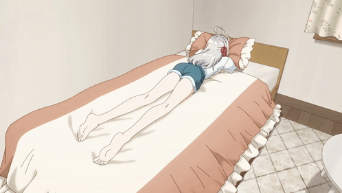 A Drawing Of A Girl Laying On A Bed With Her Legs Crossed GIF