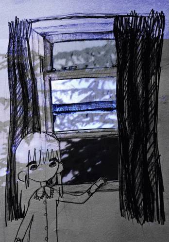 A Drawing Of A Girl Looking Out A Window With The Letter M On Her Head GIF
