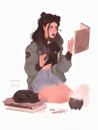 A Drawing Of A Girl Reading A Book With The Name Punzi Ella On The Bottom GIF
