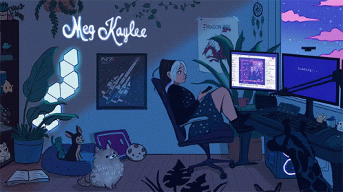 A Drawing Of A Girl Sitting In A Chair With The Name Meg Kaylee GIF