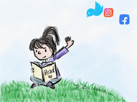 A Drawing Of A Girl Sitting In The Grass Reading A Book With Social Media Icons Behind Her GIF