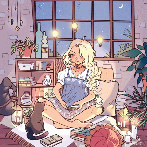 A Drawing Of A Girl Sitting On A Couch With A Cat And Candles GIF