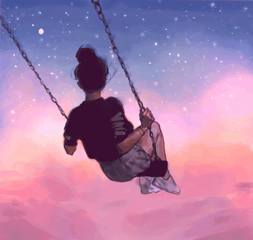 A Drawing Of A Girl Sitting On A Swing With A Starry Sky Behind Her GIF