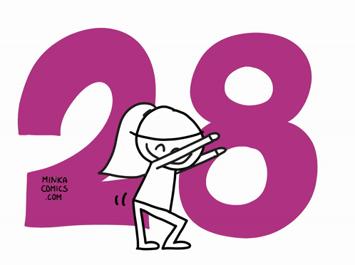 A Drawing Of A Girl Standing In Front Of The Number 28 By Minka Comics.com GIF