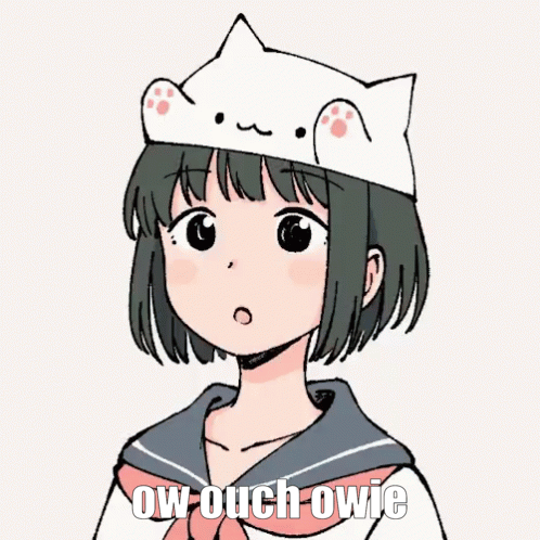A Drawing Of A Girl Wearing A Cat Hat With The Words Ow Ouch Owie Below Her GIF