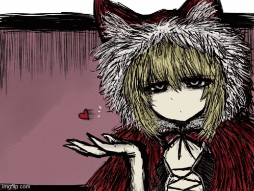 A Drawing Of A Girl Wearing A Red Cape And A White Furry Hood GIF