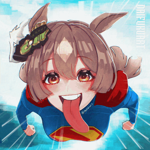 A Drawing Of A Girl Wearing A Superman Shirt With Her Tongue Hanging Out GIF