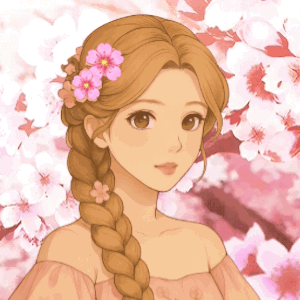 A Drawing Of A Girl With A Braid And Pink Flowers In Her Hair GIF