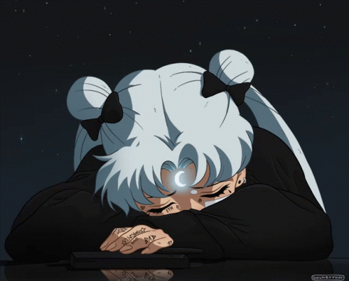 A Drawing Of A Girl With A Crescent Moon On Her Forehead And The Word " Rip " On Her Hand GIF