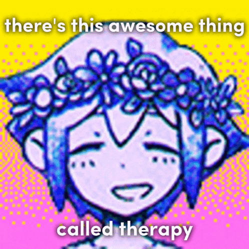 A Drawing Of A Girl With A Flower Crown On Her Head With The Words " There 'S This Awesome Thing Called Therapy " GIF