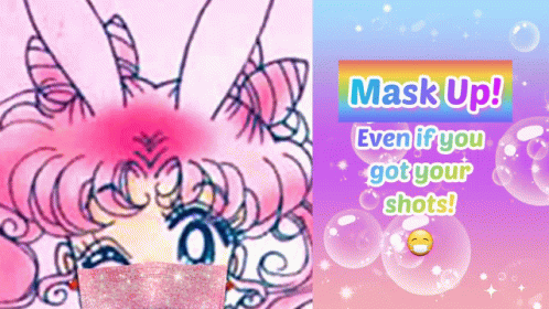 A Drawing Of A Girl With A Mask On Her Face Next To A Sign That Says Mask Up GIF