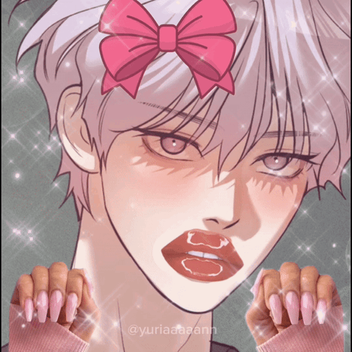 A Drawing Of A Girl With A Pink Bow On Her Head And Pink Nails GIF