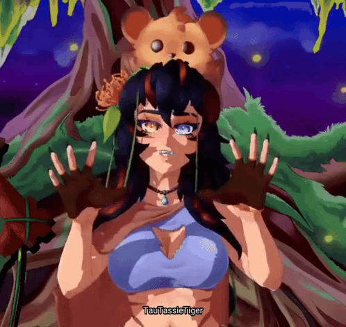 A Drawing Of A Girl With A Teddy Bear On Her Head And The Name Taulassie Tiger Underneath GIF