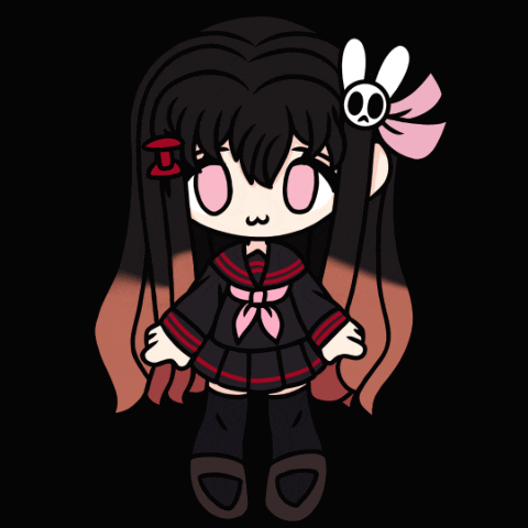 A Drawing Of A Girl With Black Hair And A Skull On Her Head GIF
