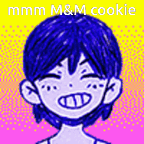 A Drawing Of A Girl With Blue Hair And The Words Mmmm M & M Cookie On The Bottom GIF