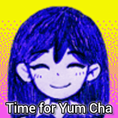 A Drawing Of A Girl With Blue Hair And The Words `` Time For Yum Cha '' Written On It . GIF