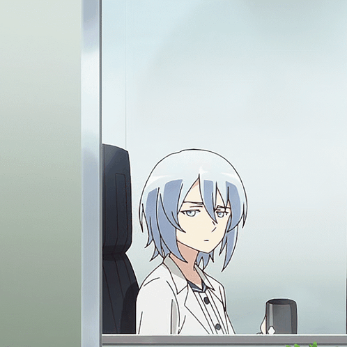 A Drawing Of A Girl With Blue Hair Drinking From A Black Mug GIF