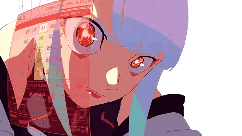 a drawing of a girl with blue hair looking at a screen that says ' atam 3000 ' on it