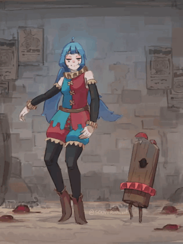 A Drawing Of A Girl With Blue Hair Standing Next To A Wooden Board GIF