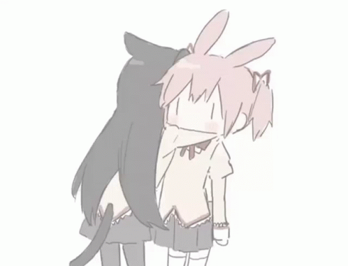 A Drawing Of A Girl With Bunny Ears Hugging A Cat . GIF