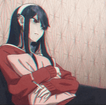 A Drawing Of A Girl With Long Black Hair Wearing A Red And White Sweater GIF