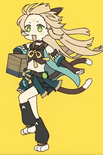 A Drawing Of A Girl With Long Hair And A Cat Tail Holding A Box GIF