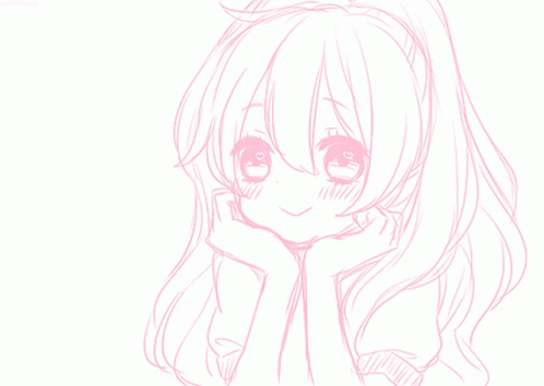 A Drawing Of A Girl With Long Pink Hair And Hearts Around Her GIF
