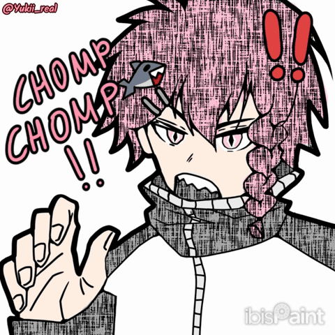 A Drawing Of A Girl With Pink Hair Says Chomp GIF