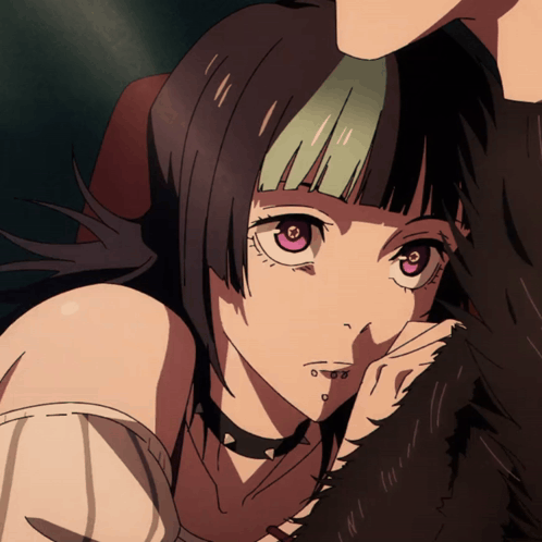 A Drawing Of A Girl With Purple Eyes And A Choker Around Her Neck GIF